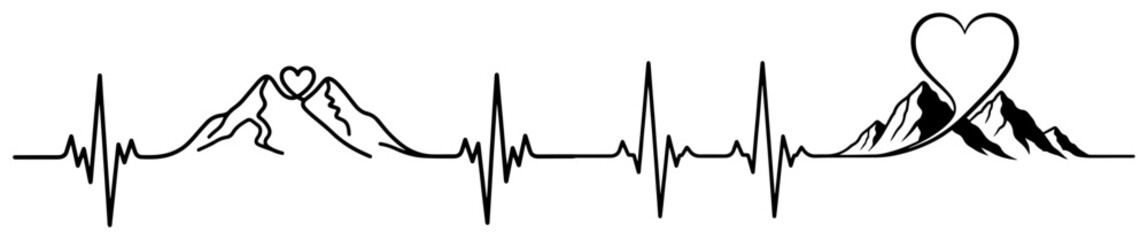 Mountain heartbeat line art &ndash; minimalist ECG peaks with heart shape, romantic adventure travel inspiration vector illustration