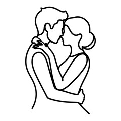 Romantic couple kissing line art &ndash; minimalist lovers embracing outline, intimate love affection Valentine vector illustration