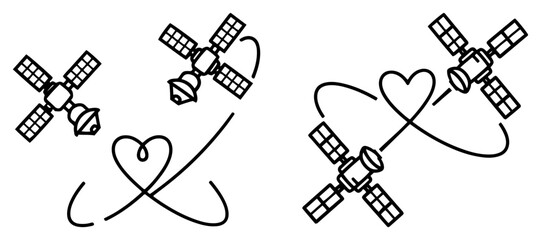 Heart orbit line art – atomic symbol of love with satellites, playful science romance Valentine concept vector illustration