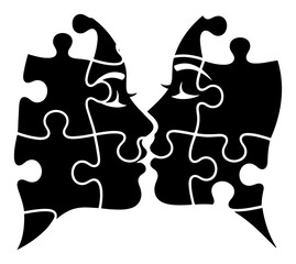 Puzzle faces line art &ndash; male and female profiles formed by interlocking jigsaw pieces, abstract teamwork connection vector illustration