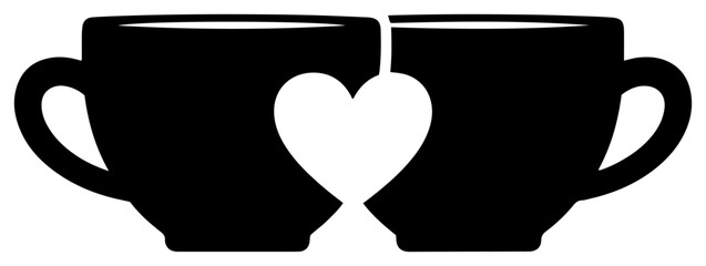 Coffee love cups silhouette &ndash; pair of mugs with heart negative space, romantic morning drink Valentine breakfast vector illustration