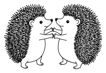 Cute hedgehog couple holding paws &ndash; adorable prickly animal lovers, friendship affection cartoon line art vector illustration