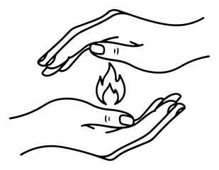 Hands protecting campfire line art &ndash; safe fire cupped in caring palms, camping warmth safety concept minimalist vector illustration
