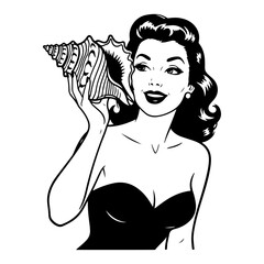 Retro pin-up woman listening to seashell &ndash; vintage beach vibes, ocean sound nostalgia vector illustration