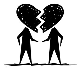 Broken-heart couple silhouette &ndash; two figures holding cracked heart symbol of breakup and sadness vector illustration