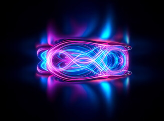 Abstract glowing shape with vibrant pink and blue light trails on a dark background. Dynamic and futuristic design with smooth, curving lines.