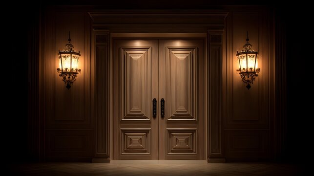 Elegant Wooden Double Doors Illuminated by Warm Lantern Light.