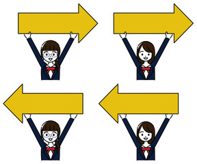 黄色い左右の矢印を持つ笑顔の女子学生セット