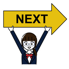 NEXTと書かれた右向きの矢印を持つ笑顔の女子学生