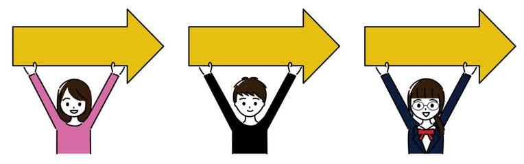 黄色い右向きの矢印を持つ笑顔の学生セット