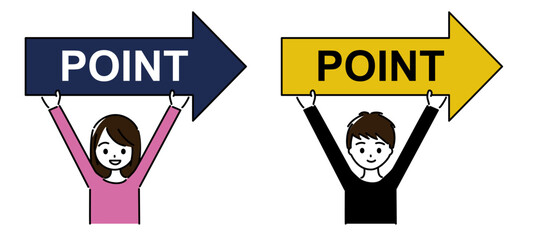 POINTと書かれた右向きの矢印を持つ笑顔の学生セット