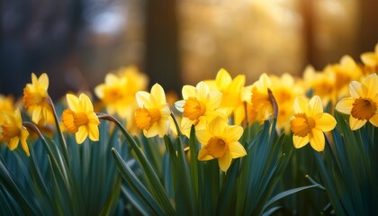 clusters of cheerful daffodils vibrant petals unfurling outdoor cheerful