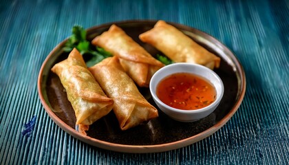 golden crispy spring rolls a close up shot of delectable golden brown spring rolls artfully arranged alongside a vibrant dipping sauce