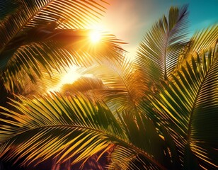 palm fronds in sunlight an evocative display of sunlight drenched palm fronds against a vibrant background showcasing nature s intricate details and the freshness of the tropics