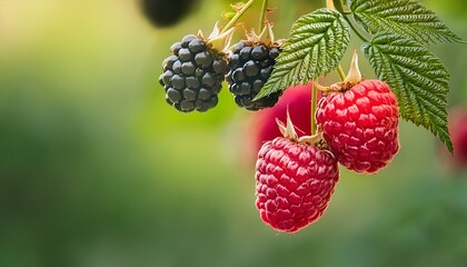 bright ripe raspberries and blackberries hang on branches among a thick green foliage against the background of a soft light green background