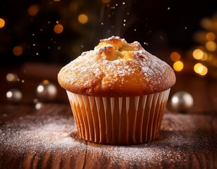 golden muffin delight a beautifully lit photograph presents a mouthwatering muffin with a light dusting of powdered sugar inviting viewers to indulge in the simple pleasure