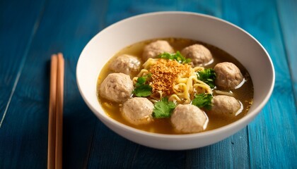 indonesian bakso meatball soup served in white bowl with noodles herbs and fried shallots traditional asian comfort food with rich broth and warm atmosphere