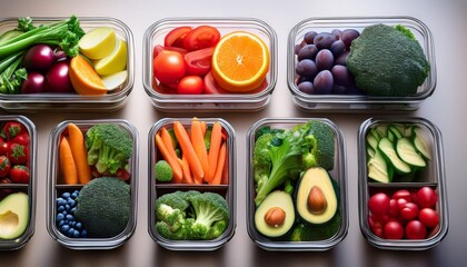 healthy meal prep containers filled with fresh fruits and vegetables