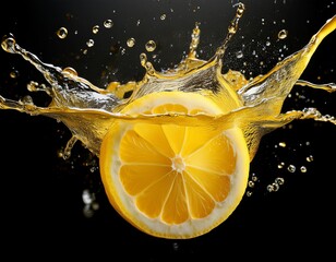 zesty lemon splash a refreshing artistic composition showcases perfectly sliced lemons with vibrant yellow flesh captured mid air amidst a dynamic splash of refreshing liquid