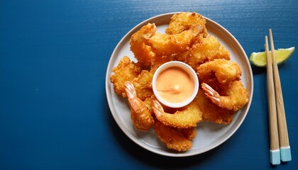 golden shrimp delight a close up of golden crispy fried shrimp artfully arranged on a pristine plate accompanied by a small bowl of flavorful dipping sauce offering a tantalizing feast