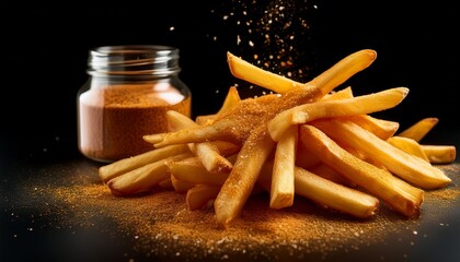 french fries generously sprinkled with branded seasoning or spice on a black background there s a jar of accent seasoning next to it