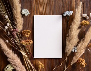 blank vertical card placed on rustic wooden background framed with dried grasses and flowers perfect for invitations seasonal stationery or branding mockups