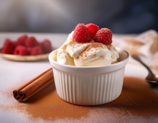 appetizing dessert made of vanilla ice cream with cinnamon and fresh raspberry berries in a white cup cream texture and bright contrast of berries create a delicious and aesthetic composition