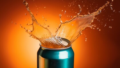 a metal can with an energy drink from which a powerful splash of liquid bursts out the background and color scheme are designed in bright orange tones which emphasizes the freshness and energy