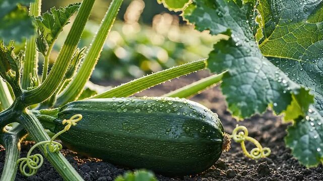 Close up of a fresh green zucchini growing on the vine in a garden with morning dew.