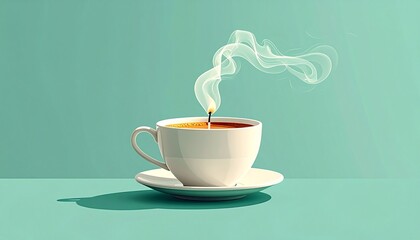 A white teacup and saucer holding a lit candle with smoke rising, set against a tranquil teal background.