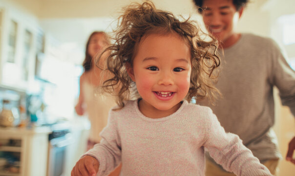 Multicultural children move energetically through a home while adults remain in the background during an ordinary day.