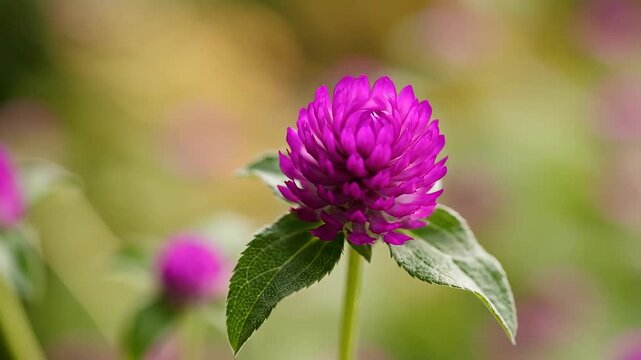 Close up of a vibrant purple globe amaranth flower in a garden setting.