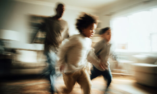 Multicultural children move energetically through a home while adults remain in the background during an ordinary day.