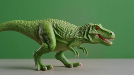 A detailed close-up shot of a green toy Tyrannosaurus Rex dinosaur with red eyes against a plain green background.