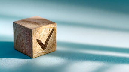 Wooden Cube with Check Mark Symbol on Light Blue Background.