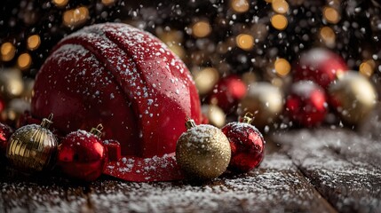 Festive Christmas Pudding Covered in Snow with Ornaments and Bokeh Lights.