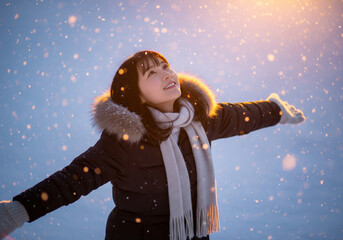 雪が舞い散る中、穏やかな光を浴び、両手を広げ空を見上げる女性