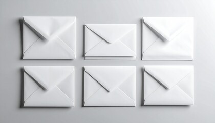 Clean and elegant display of multiple closed white square envelopes, presented against a soft grey backdrop, evoking themes of messages, invitations, and professional mailing