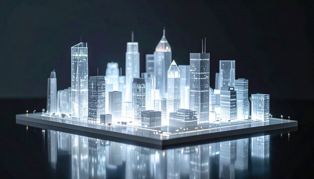 futuristic cityscape with glowing skyscrapers and reflections, representing modern urban development and innovation - Powered by Adobe