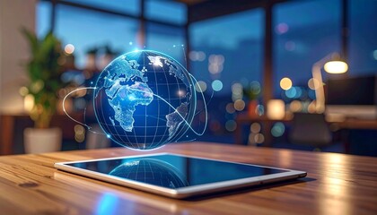 Digital Globe Hologram Floating Above a Tablet Computer, Representing Global Connectivity and Technology
