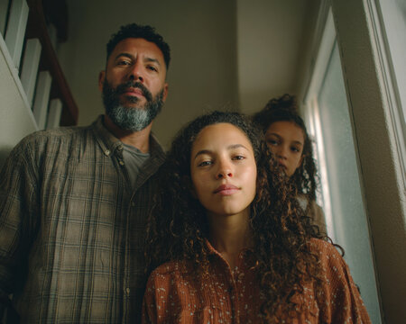 Multicultural immigrant family stands together across domestic transitional spaces, expressing waiting, uncertainty, and everyday adaptation.