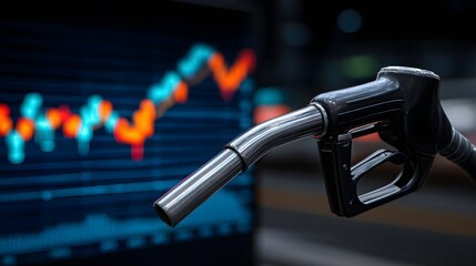 Gasoline pump nozzle in front of a fluctuating stock market graph.