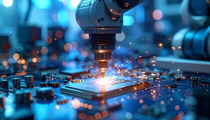 Robotic arm precisely working on an electronic circuit board, creating bright sparks and dynamic light. Illustrates advanced manufacturing and future technology