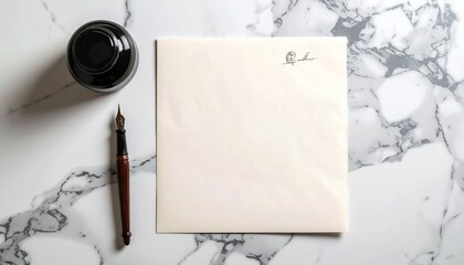 Elegant writing set featuring a fountain pen, inkwell, and blank paper on a marble surface, evoking classic correspondence and creativity