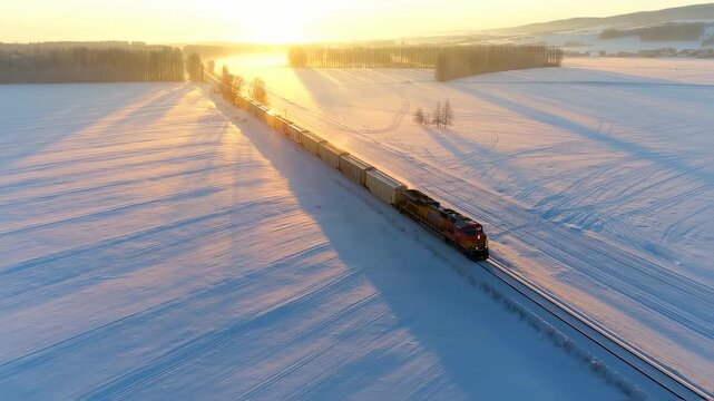 A freight train travels along snowy tracks as the sun sets in the distance, creating a warm glow over the winter landscape. The train's movement contrasts with the stillness of the snow.