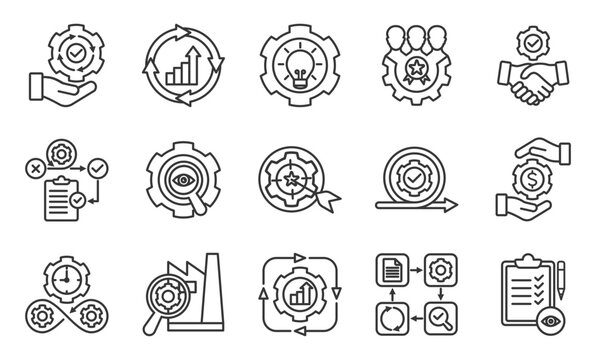 Kaizen outline icon set. Contain Methodology, Continuous improvement, Operational excellence, Employee involvement, Quality commitment, Productivity, Efficiency.