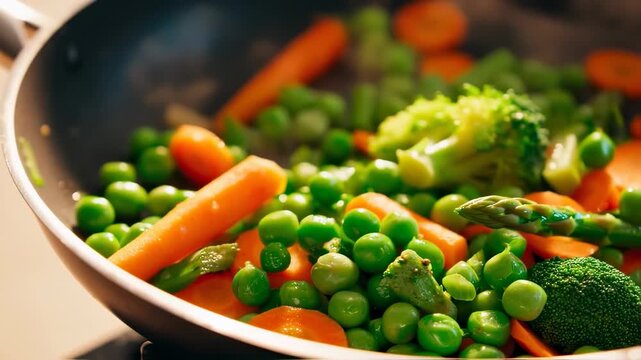A wooden spoon stirs vibrant vegetables, including broccoli, carrots, and green peas, in a pan. The colorful mix of broccoli, carrots, and peas showcases a healthy dish in progress.