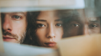 Two young adults seen through layered translucent elements, symbolizing fragmented identity, filtered perception, and human presence in the information age.