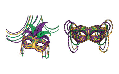 Mardi Gras Masquerade Masks with Purple, Green, and Gold Beads