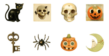 Vintage Halloween Symbols Collection Featuring Spooky Cat, Skulls, and Pumpkin Icons